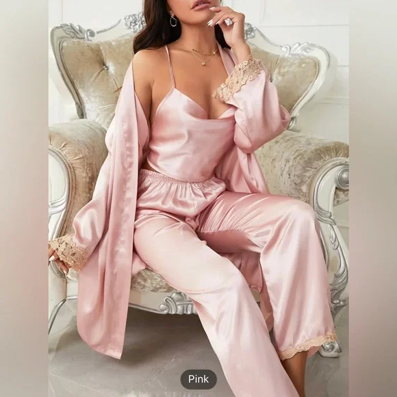 Red 3-piece Sets Silk Satin Cami Top & Pants With Robe Pajama Set - Picture 8 of 8